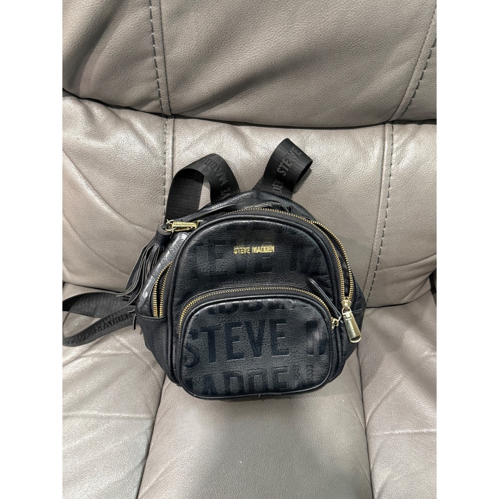 Steve Madden Black Embossed Logo Mini Backpack‎ Convertible Strap Tassel Detail